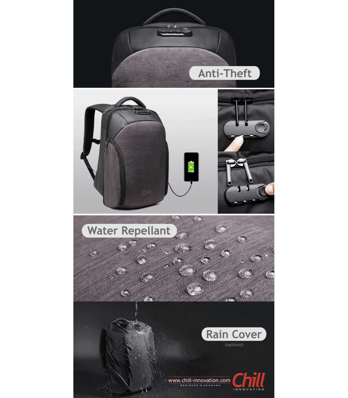 Chill Stealth tyverisikret & vandafvisende Rygsæk / Backpack, Sort