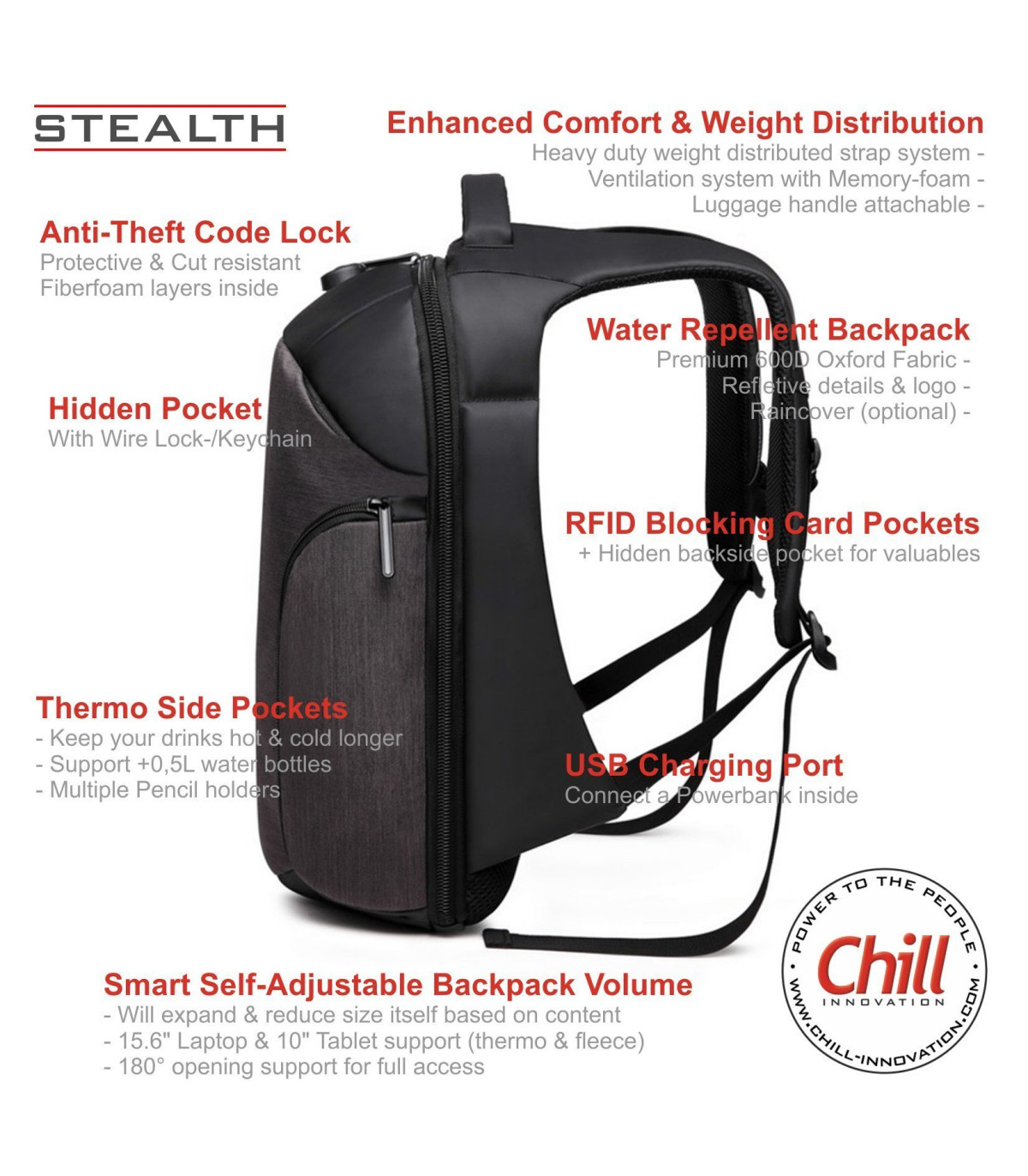 Chill Stealth tyverisikret & vandafvisende Rygsæk / Backpack, Sort